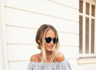 Street Style : streetstyleplatform:Striped Off Shoulder Blouse