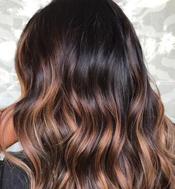 Trendy Hair Style : A rich and shiny brunette base with dark caramel sunkisses. Color by Gabrielle a…