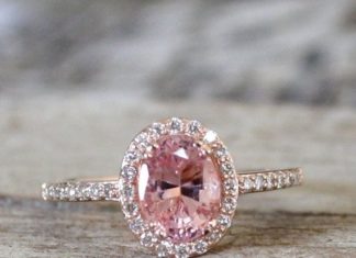 Luxury Jewelry 2017/2018 : ON HOLD – 1.53 Cts. Pink Peach Sapphire Diamond Halo Ring in 14K Rose Gold