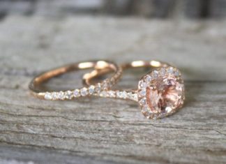 Luxury Jewelry 2017/2018 : SET – Morganite Engagement Rings in 14K Rose Gold Halo Diamond Setting