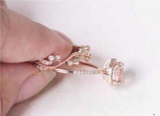 Luxury Jewelry 2017/2018 : 2 Rings Set Solid 14K Rose Gold Engagement Ring 7mm Round Morganite Engagement Ring Set Anniversary Ring Fancy Morganite Wedding Ring Set