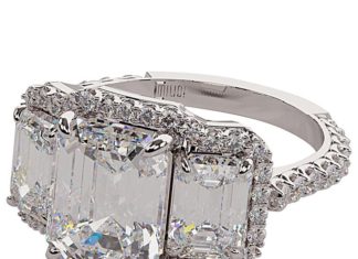 Diamond Rings : 6.00 Carat Emerald Cut Three Stone Diamond Platinum Halo Ring | 1stdibs.com
