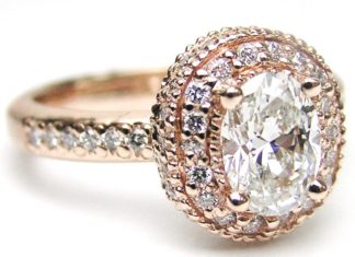 Diamond Rings : Oval Diamond Engagement Ring with double halo and diamond band in 14K Pink Gold …