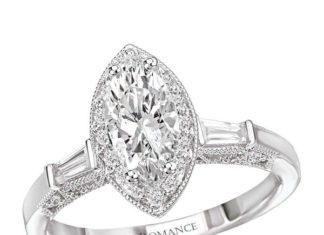 Diamond Rings : Semi-Mount Baguette and Round Diamond Ring in 18kt White Gold with Milgrain Deta…
