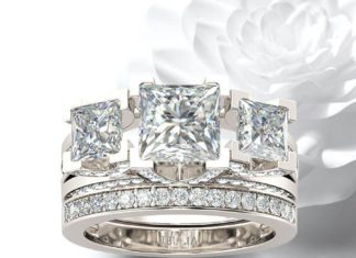 Diamond Rings : Three-stone Princess Cut 1.5CT Created White Sapphire Rhodium Plated 925 Sterling Silver Womens Ring