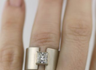 Diamond Rings : unique 14K gold wide band wedding ring – princess moissanite "lunar eclipse" wide band alternative engagment ring – wedding band