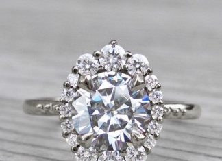 Engagement Rings & Wedding Rings : 14k recycled white gold band with center moissanite surrounded by .33 ct. diamon…