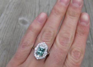 Engagement Rings & Wedding Rings : 2.3ct Radiant Green Moissanite Engagement Ring with diamond halo in 14k recycled…