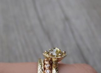 Engagement Rings & Wedding Rings : Champagne Rose Cut Diamond Feather Ring with hexagon setting paired with Feather…