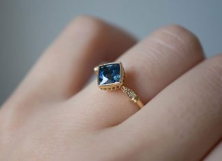 Engagement Rings & Wedding Rings : Deep Blue Square Montana Sapphire Ring in 18k recycled yellow gold….
