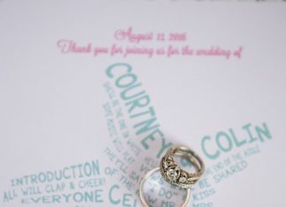 Engagement Rings & Wedding Rings : gorgeous gold wedding rings on a beach themed wedding invitation…