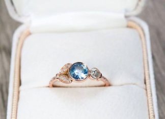 Engagement Rings & Wedding Rings : Lunette Sapphire and Vintage Diamond Engagement Ring in 14k recycled rose gold….