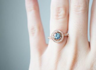 Engagement Rings & Wedding Rings : Montana Sapphire Halo Engagement Ring in 18k recycled gold….