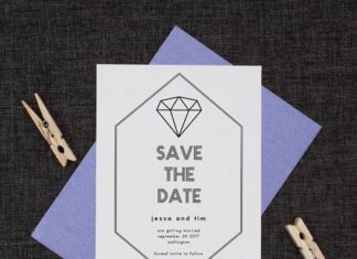 Loose Diamond : This modern diamond save the date is simple and stylish. A large diamond graphic…