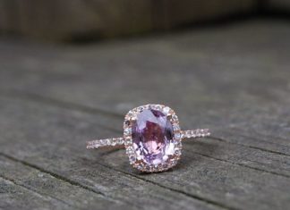 Luxury Jewelry 2017/2018 : 2ct Cushion peach lavender champagne sapphire 14k rose gold diamond ring- engagement or anniversary