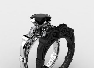 Luxury Jewelry 2017/2018 : Art Masters Caravaggio 14K Black and White Gold 1.25 Ct Princess Black and White Diamond Engagement Ring Wedding Band Set R623PS2-14KWBGDBD