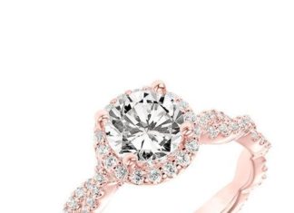 Luxury Jewelry 2017/2018 : ArtCarved diamond halo engagement ring with diamond twisted shank in rose gold w…