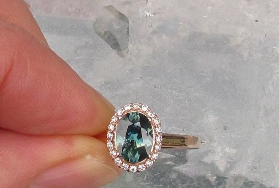 Luxury Jewelry 2017/2018 : Blue Green Sapphire 14k Rose Gold Diamond Halo Engagement Ring Weddings Annivers…