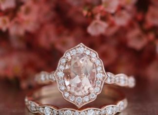 Luxury Jewelry 2017/2018 : Bridal Set Vintage Floral Oval Morganite Engagement Ring and Scalloped Diamond Wedding Band in 14k Rose Gold 8x6mm Oval Cut Anniversary Ring