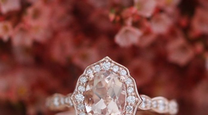 Luxury Jewelry 2017/2018 : Bridal Set Vintage Floral Oval Morganite Engagement Ring and Scalloped Diamond Wedding Band in 14k Rose Gold 8x6mm Oval Cut Anniversary Ring