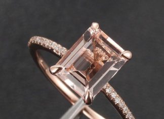Luxury Jewelry 2017/2018 : CLAW PRONGS 14K Rose Gold Emerald Cut Morganite Ring .16ct Pave Diamond Engagem…