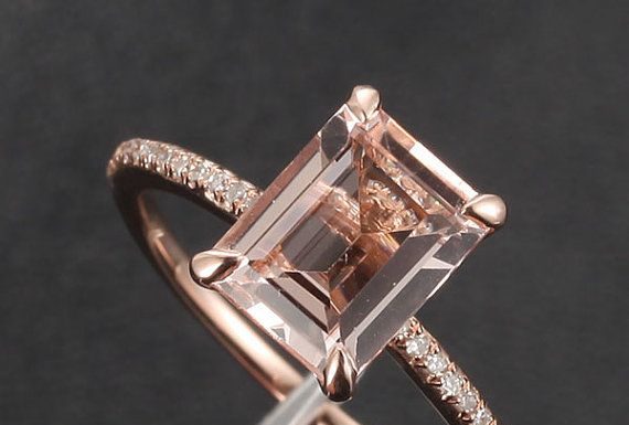 Luxury Jewelry 2017/2018 : CLAW PRONGS 14K Rose Gold Emerald Cut Morganite Ring .16ct Pave Diamond Engagem…