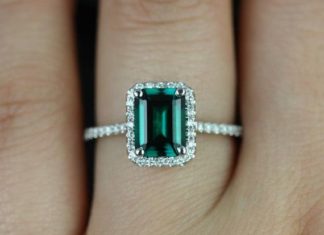 Luxury Jewelry 2017/2018 : Esmeralda 14kt White Gold Rectangle Emerald and Diamond Halo Engagement Ring (Ot…