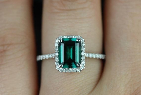 Luxury Jewelry 2017/2018 : Esmeralda 14kt White Gold Rectangle Emerald and Diamond Halo Engagement Ring (Ot…