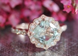 Luxury Jewelry 2017/2018 : Floral Aquamarine Engagement Ring in 14k White Gold Diamond Pebble Ring 8x8mm Round Natural Aquamarine Ring (Bridal Set Available)