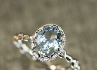 Luxury Jewelry 2017/2018 : Floral Aquamarine Engagement Ring in 14k White Gold Pebble Diamond Wedding Band …