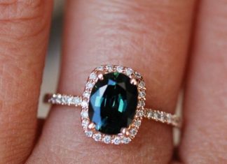 Luxury Jewelry 2017/2018 : Green sapphire engagement ring. Peacock green sapphire 1.78ct cushion halo diamond ring 14k Rose gold. Engagenet rings by Eidelprecious.