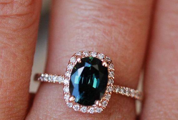 Luxury Jewelry 2017/2018 : Green sapphire engagement ring. Peacock green sapphire 1.78ct cushion halo diamond ring 14k Rose gold. Engagenet rings by Eidelprecious.