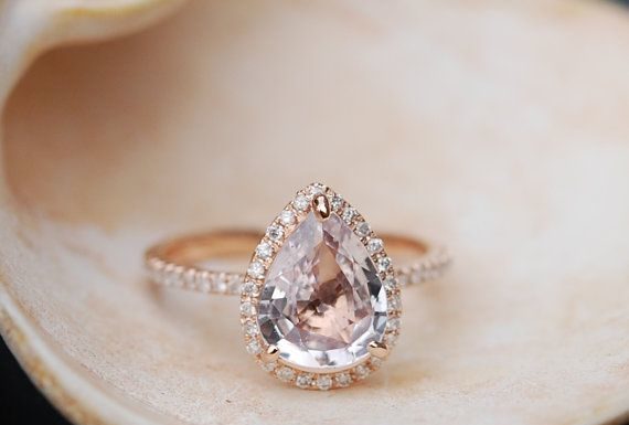 Luxury Jewelry 2017/2018 : Ice Peach Sapphire Ring Rose Gold Engagement Ring 2.35ct cushion 14k rose gold diamond ring. Engagement rings by Eidelprecious.