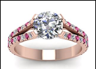 Luxury Jewelry 2017/2018 : Impeccable Ring || Round Cut Diamond Side Stone Ring With Pink Sapphire In 14k R…