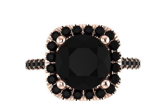 Luxury Jewelry 2017/2018 : Natural Black Diamond Engagement Ring Wedding Ring 14K Rose Gold with 8mm Round Black Natural Diamond Ctr April Birthstone Jewelry- V1090