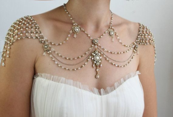Luxury Jewelry 2017/2018 : Necklace For The Shoulders,1920s Style,Great Gatsby,Beaded Pearls,Rhinestone,Jazz Age,Gold,OOAK Bridal Wedding Jewelry,Efrat Davidsohn