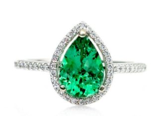 Luxury Jewelry 2017/2018 : Pear Emerald Engagement Ring Diamond Halo Emerald Ring 14K May Birthstone Custom Bridal Jewelry 18K Rose Gold Platinum