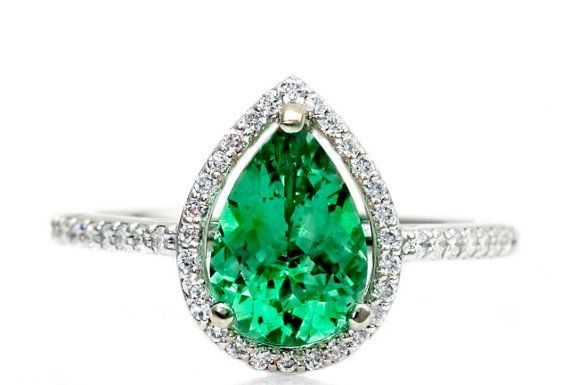 Luxury Jewelry 2017/2018 : Pear Emerald Engagement Ring Diamond Halo Emerald Ring 14K May Birthstone Custom Bridal Jewelry 18K Rose Gold Platinum