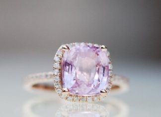 Luxury Jewelry 2017/2018 : Pink Sapphire Ring 14k Rose Gold Diamond Ring 3.2ct Square Cushion Lilac Peach Sapphire Engagement Ring.Engagement ring by Eidelprecious
