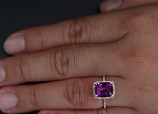 Luxury Jewelry 2017/2018 : Rose Gold Amethyst Engagement Ring with Natural Amethyst Cushion 10x8mm and Diamond Halo in 14k Rose Gold