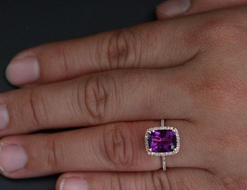 Luxury Jewelry 2017/2018 : Rose Gold Amethyst Engagement Ring with Natural Amethyst Cushion 10x8mm and Diamond Halo in 14k Rose Gold