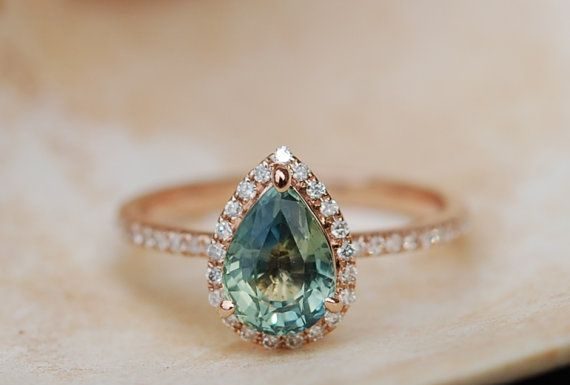 Luxury Jewelry 2017/2018 : Rose Gold Engagement Ring Teal Blue Green Sapphire pear cut halo engagement ring…