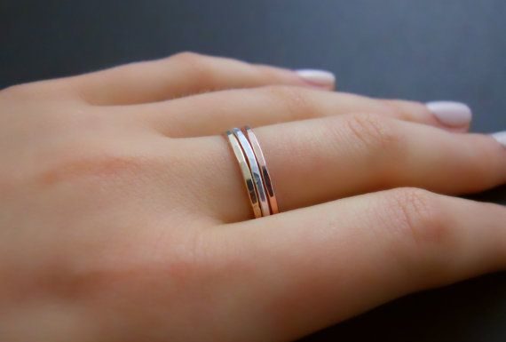 Luxury Jewelry 2017/2018 : Set Of 3 Hammered Rings – Rose Gold, Yellow Gold, Sterling Silver, 3 Skinny Hammered Ring Set, Stacking Ring, Gold Filled Hammered Ring