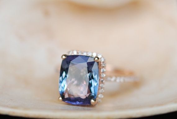 Luxury Jewelry 2017/2018 : Tanzanite Ring. Rose Gold Engagement Ring Lavender Mint Tanzanite emerald cut halo engagement ring 14k rose gold.