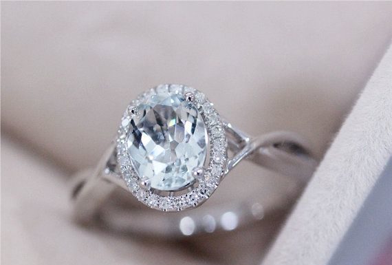 Luxury Jewelry 2017/2018 : VS 6x8mm Blue Aquamarine Ring Solid 14K White Gold Oval Cut Blue Aquamarine Wedd…