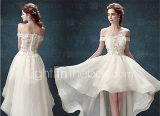 Short Wedding Dresses : A-line Asymmetrical Wedding Dress – Off-the-shoulder Organza – USD $ 139.99