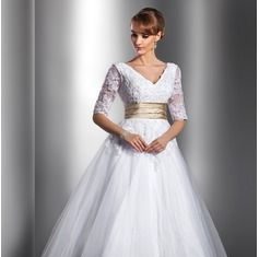 Short Wedding Dresses : A Line, tea length with v-neck wedding dress with colored sash. Would be nice fo…