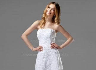 Short Wedding Dresses : A-Line/Princess Strapless Asymmetrical Satin Lace Wedding Dress With Beading (00…
