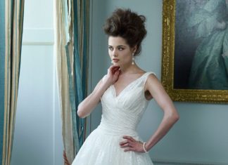 Short Wedding Dresses : All-over lace dress, in a 50s style. With a finely draped crossover V-neckline a…