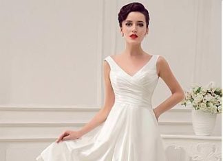 Short Wedding Dresses : Elegant Satin V-neck Neckline Natural Waistline A-line Wedding Dress With Lace F…